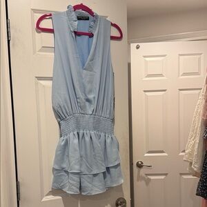 Central Park west Light Blue Ruffle Waist Sleeveless Romper